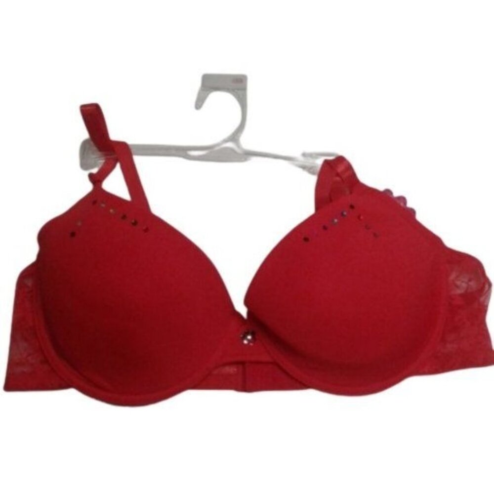 Inteco Intimates 36B Bra Red Push Up Rhinestone Lace Detail Underwire NEW